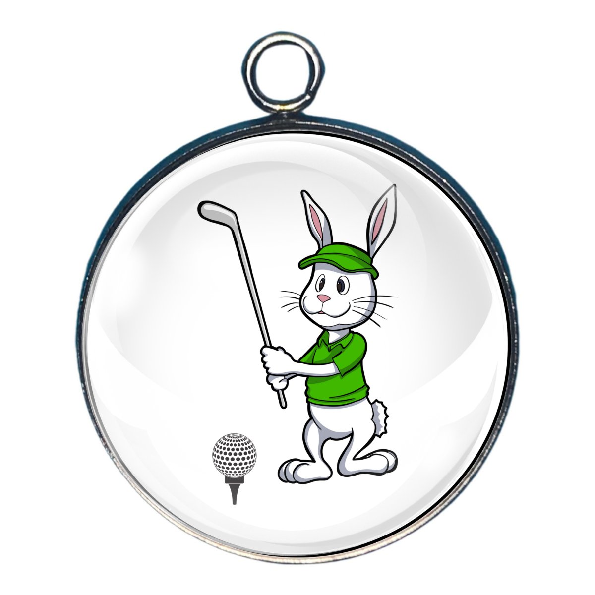 a charm depicting a rabbit plaing golf