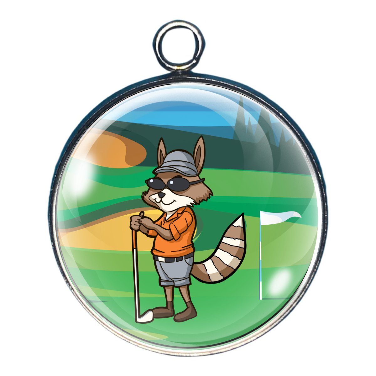 a charm depicting a racoon playing golf