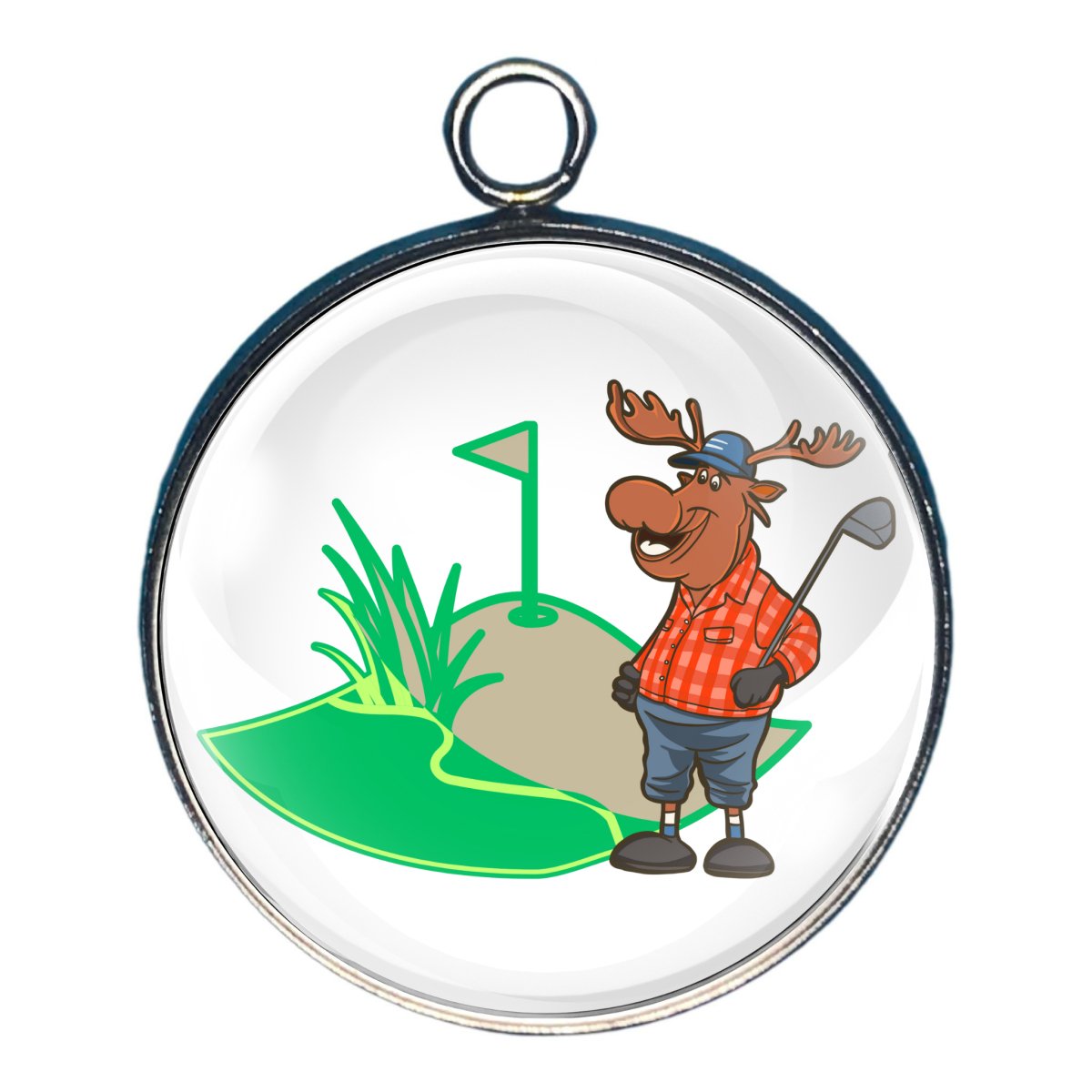 a charm depicting a moose playing golf