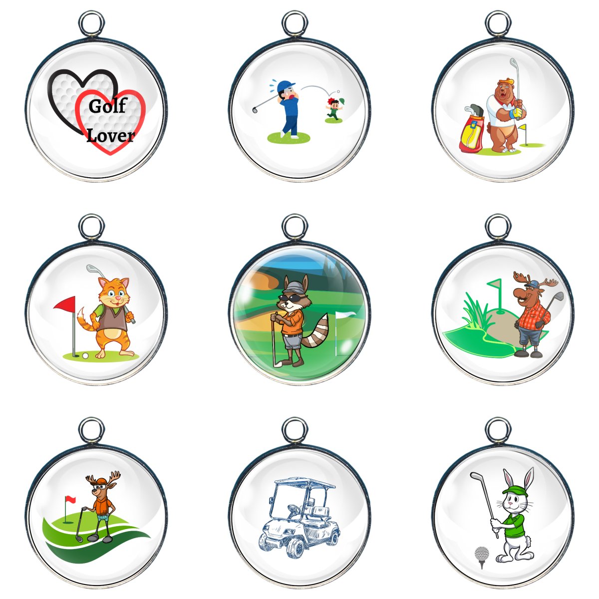 group of 9 charms depicting the love of gold  and animals playing with the golf balls you lose in the woods