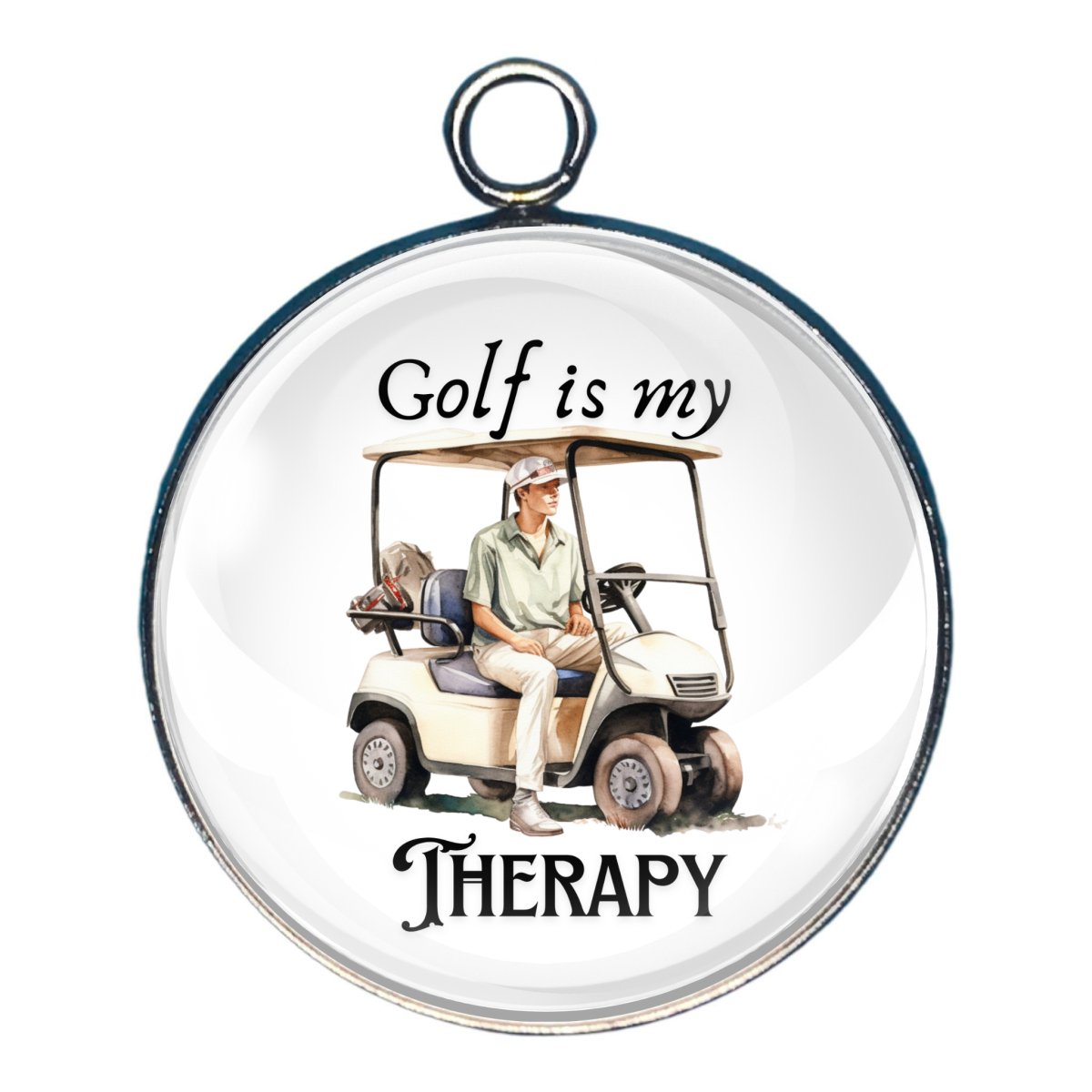 charm featuring a man sitting a golf cart, with the words: golf is my therapy