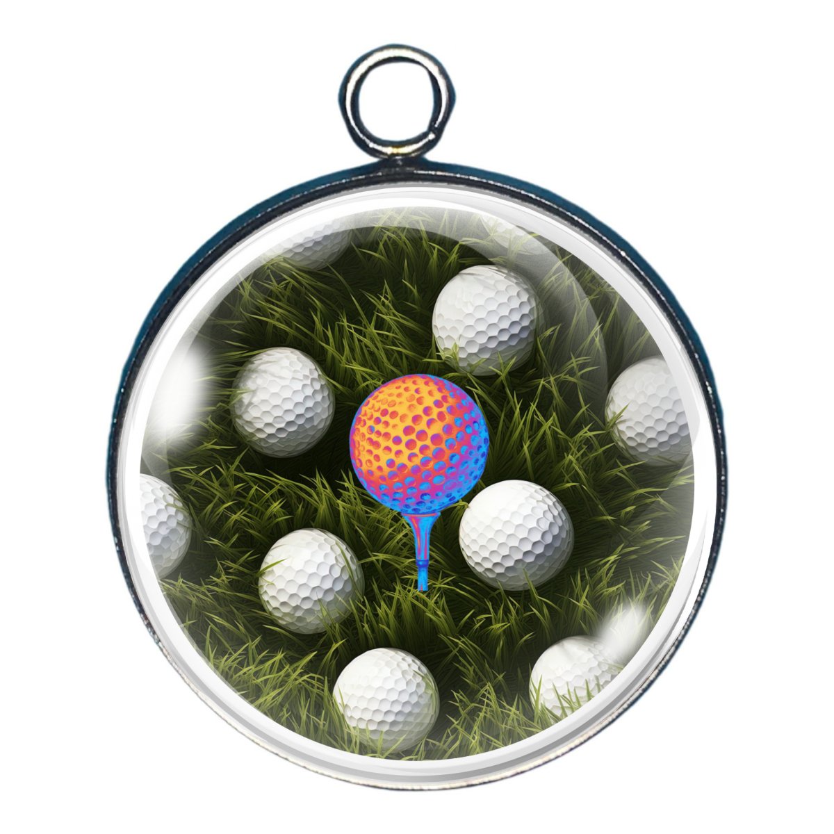 charm featuring a bunch of golf balls on the grass with a larger golf ball on a tee