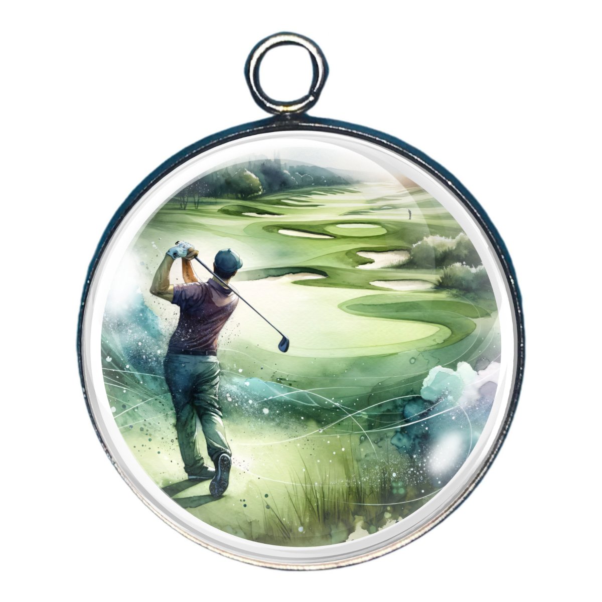 charm featuring a male golfer hitting a ball at a golf course