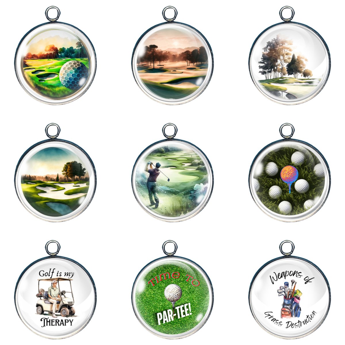 GROUP of 9 charms featuring golf courses golf accessories