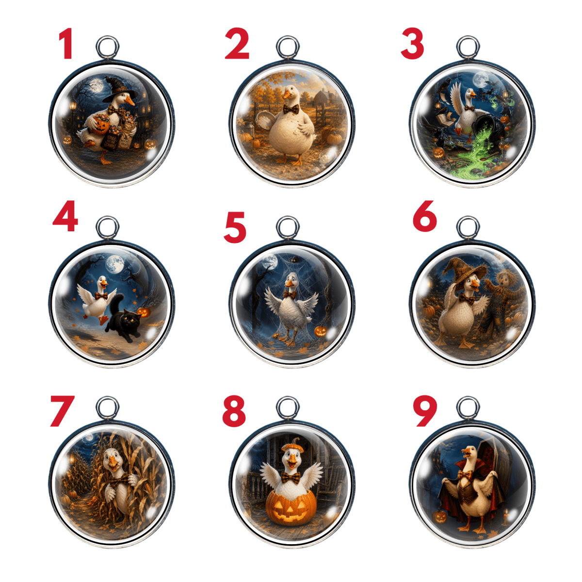 Goose Shenanigans Halloween glass cabochon charm collection featuring nine mischievous goose adventures with pumpkins, witches, scarecrows, and spooky autumn scenes.