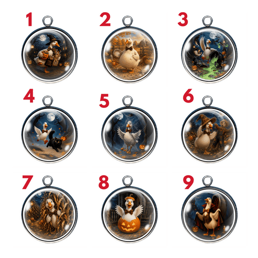 Goose Shenanigans Halloween glass cabochon charm collection featuring nine mischievous goose adventures with pumpkins, witches, scarecrows, and spooky autumn scenes.