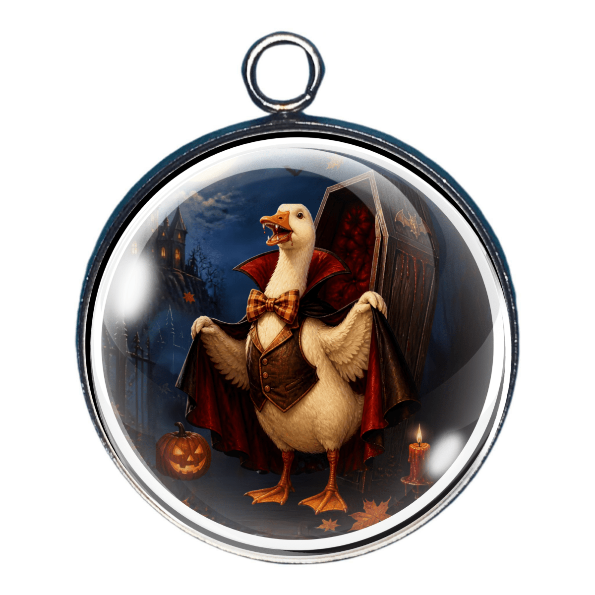 Whimsical goose dressed as a vampire beside an open coffin on Halloween night.