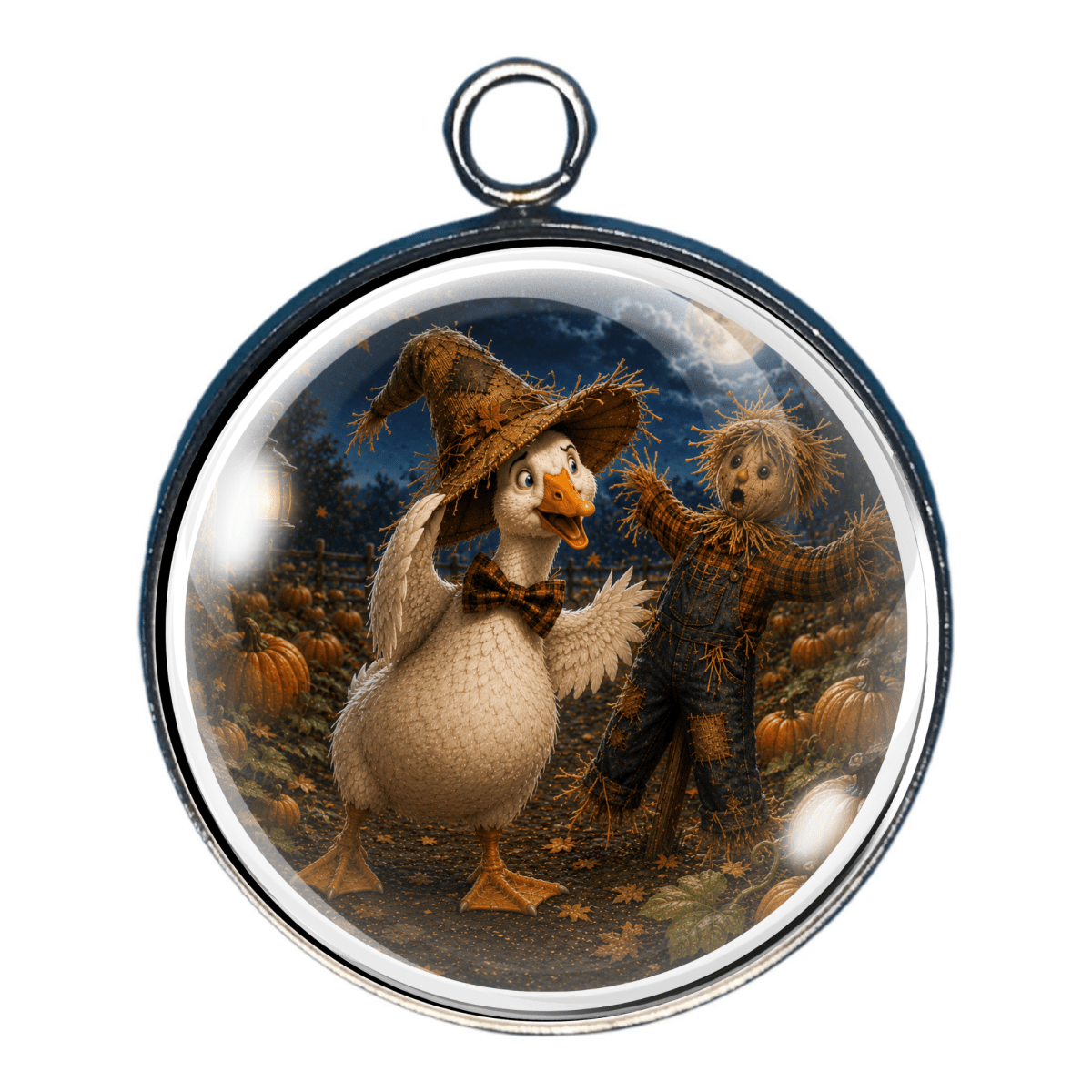 Mischievous goose proudly stealing a scarecrow's hat in a pumpkin patch.