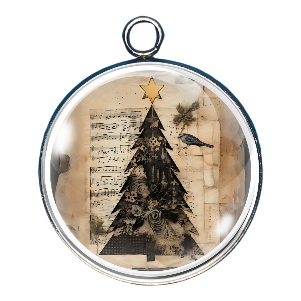 charm of a goth inspired paper christmas tree atop of sheet of christmas music