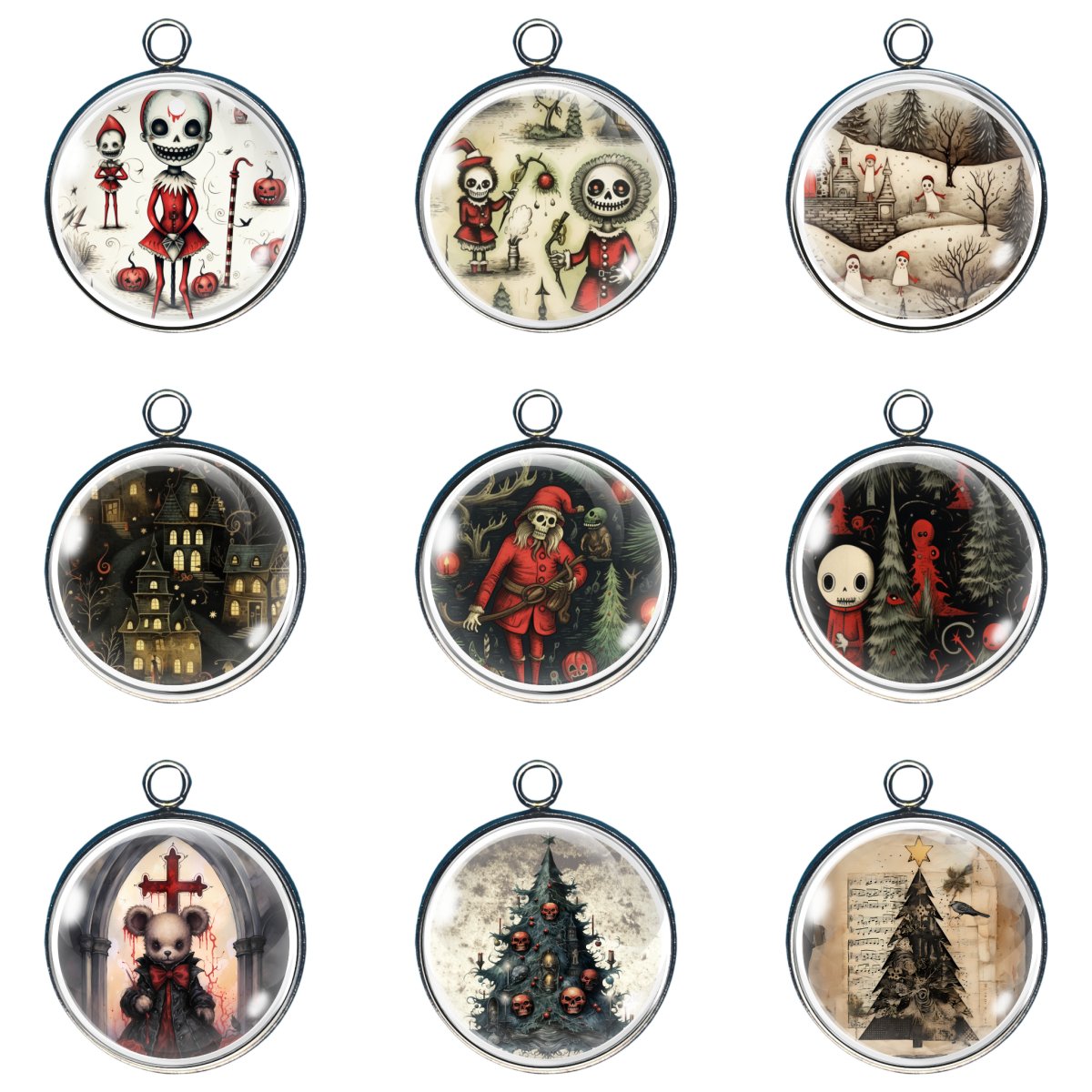 Group of 9 charms featuring scary goth christmas scenes