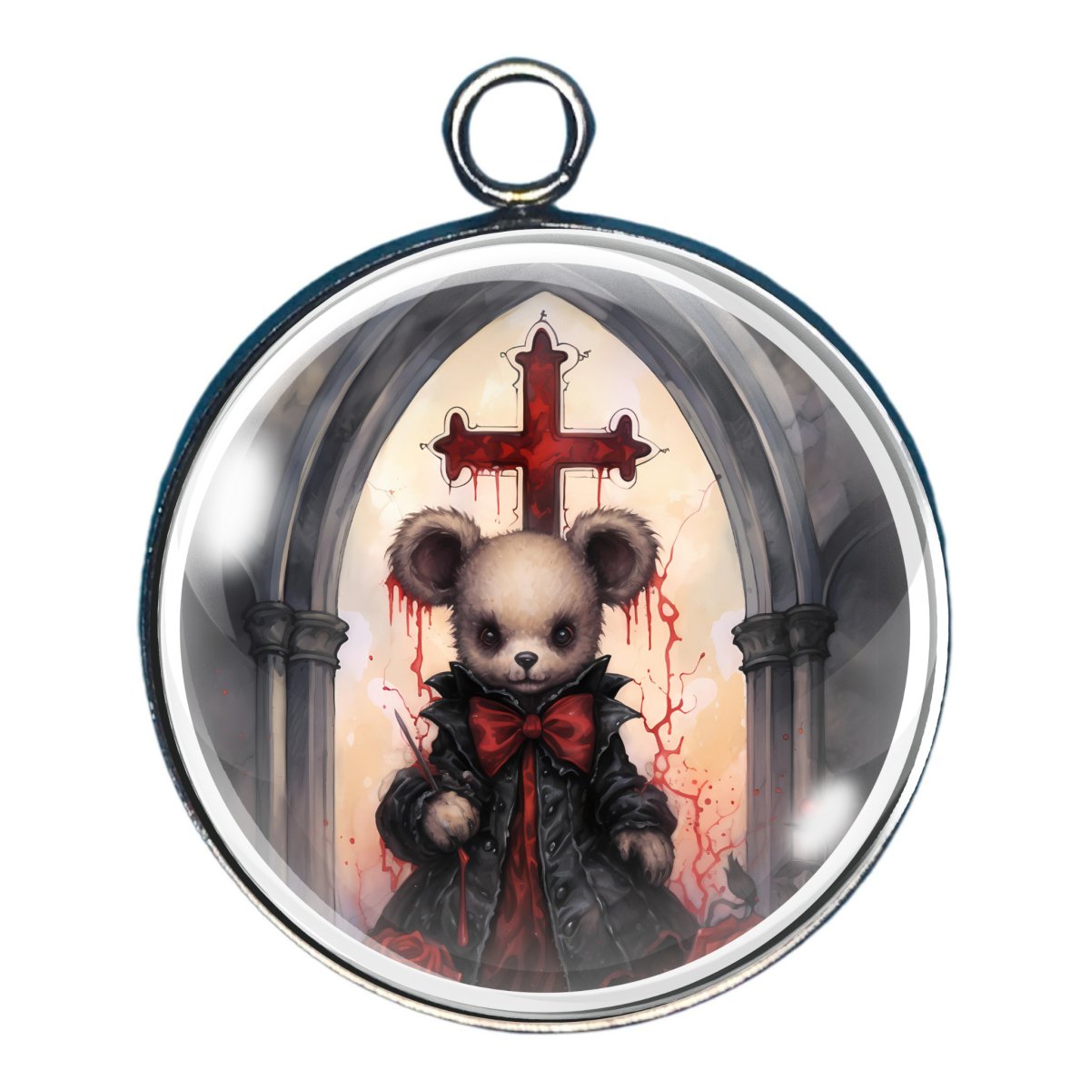 charm of a goth teddy bear in a church type building