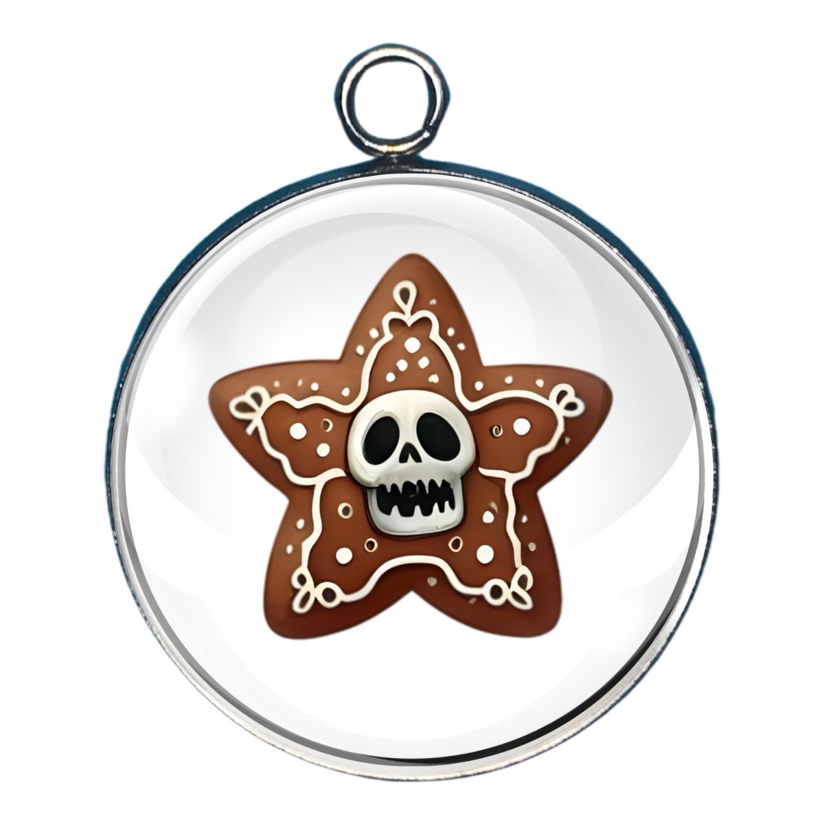 Charm of a gingerbread star shaped cookie with a frosting skull