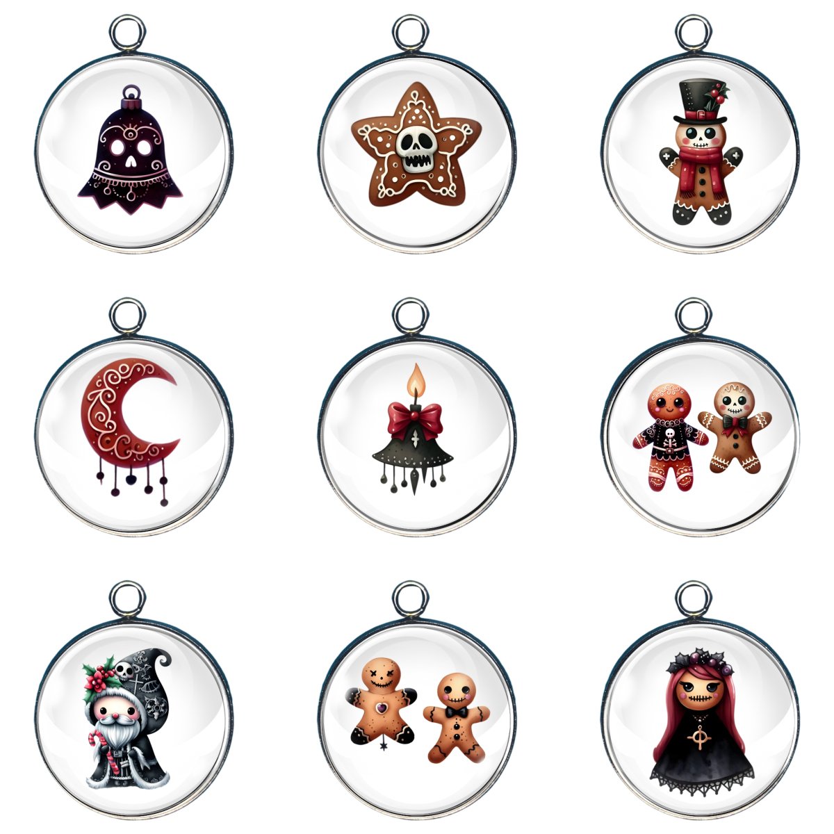 Group of 9 charms depicting goth inspired gingerbread christmas shapes