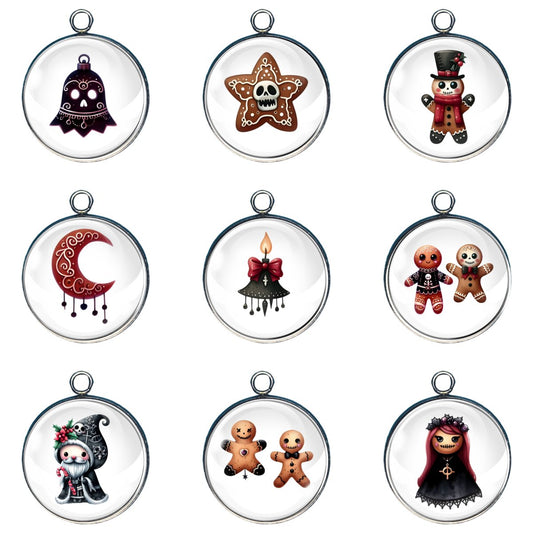 Group of 9 charms depicting goth inspired gingerbread christmas shapes