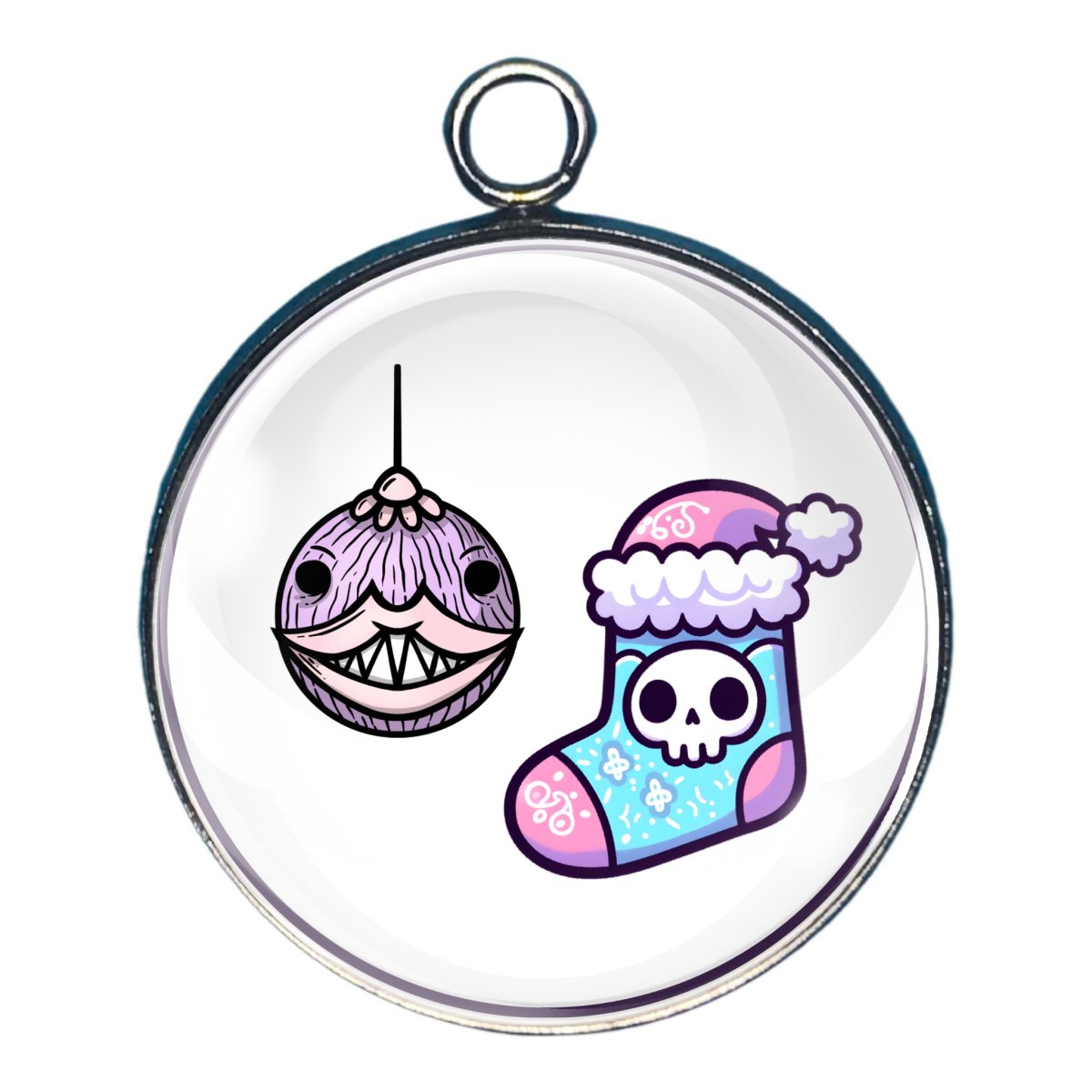 charm of a scary christmas ball and a stocking with a skull and santa hat all in pastel colors