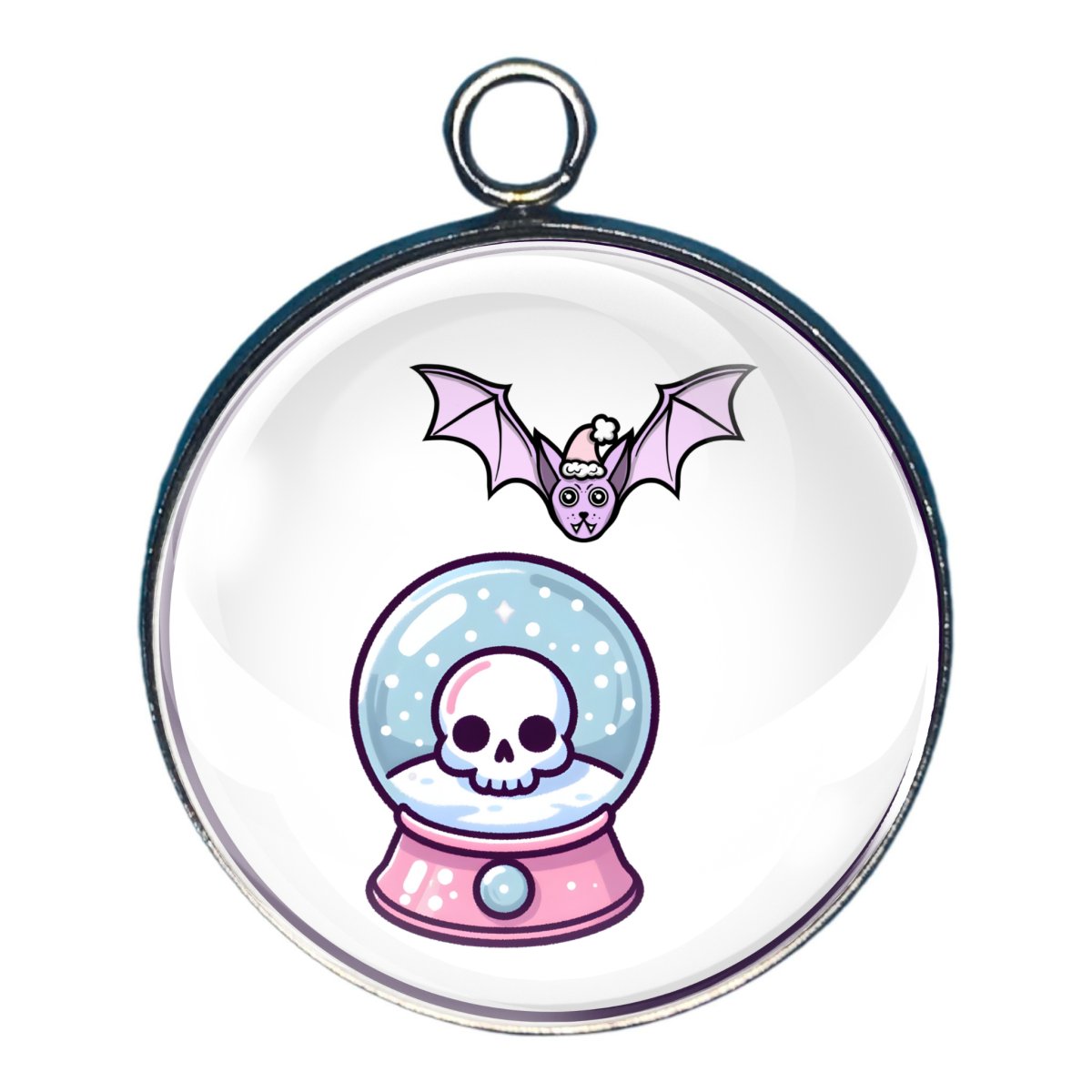  Charm depicting a skull in a snow globe with a bat wearing a santa cap