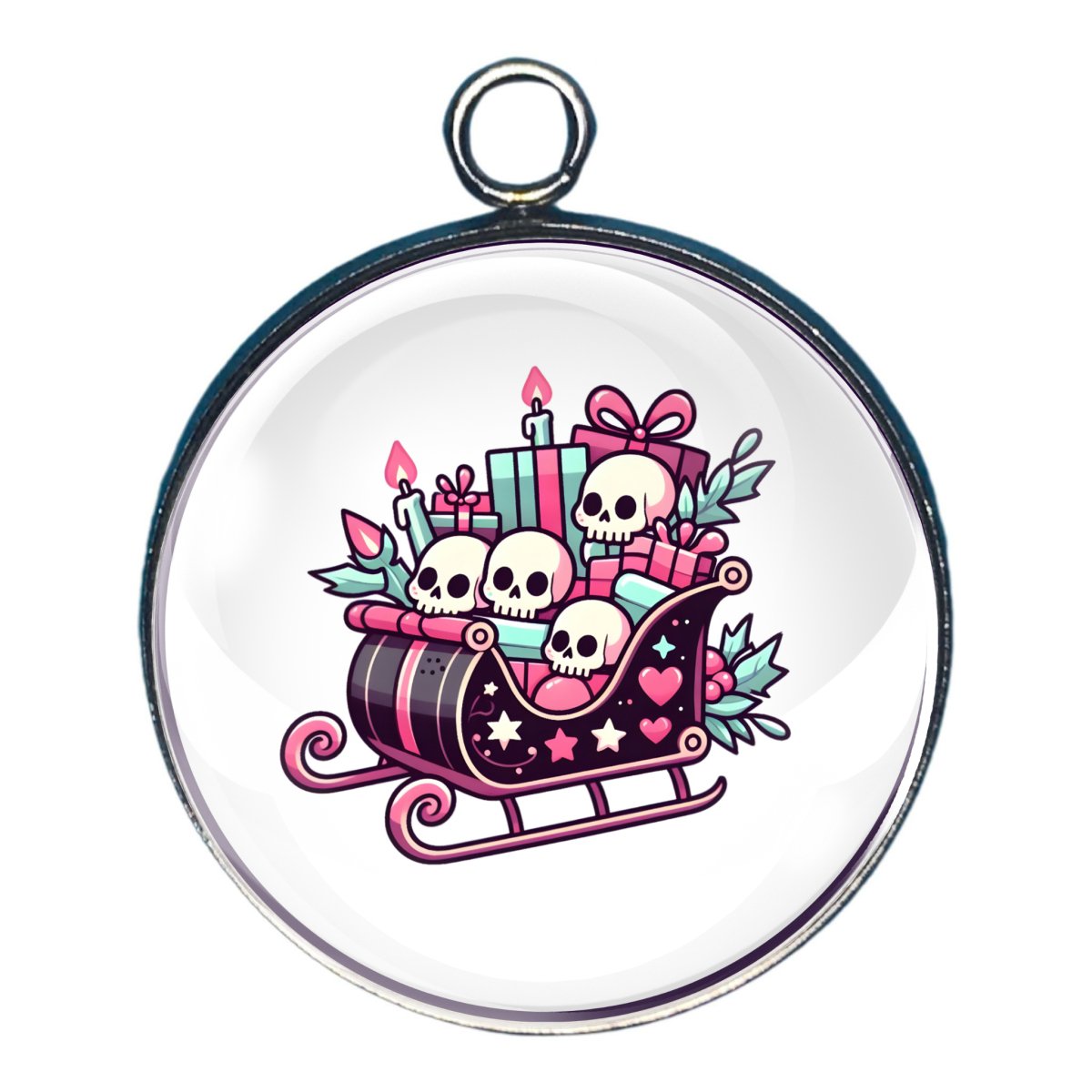 Charm depicting a sleigh filled with skulls and presents in pastel colors