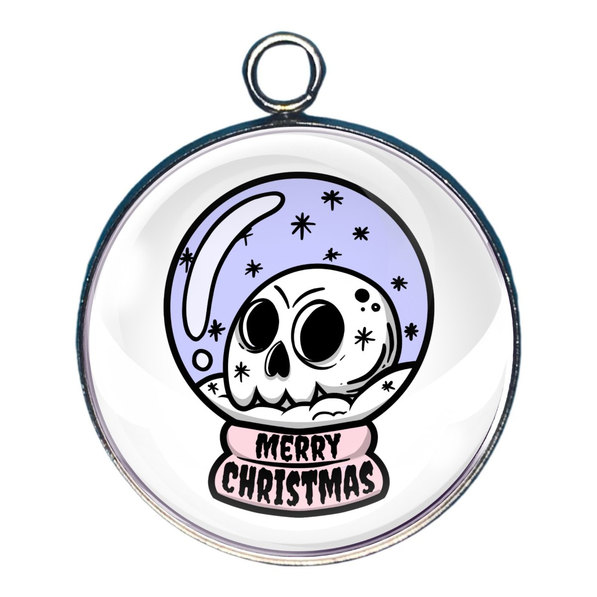 Charm depicting a snowglobe with a skull on snow.