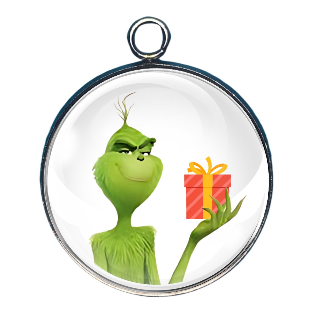 charm of a smirking grinch holding a present