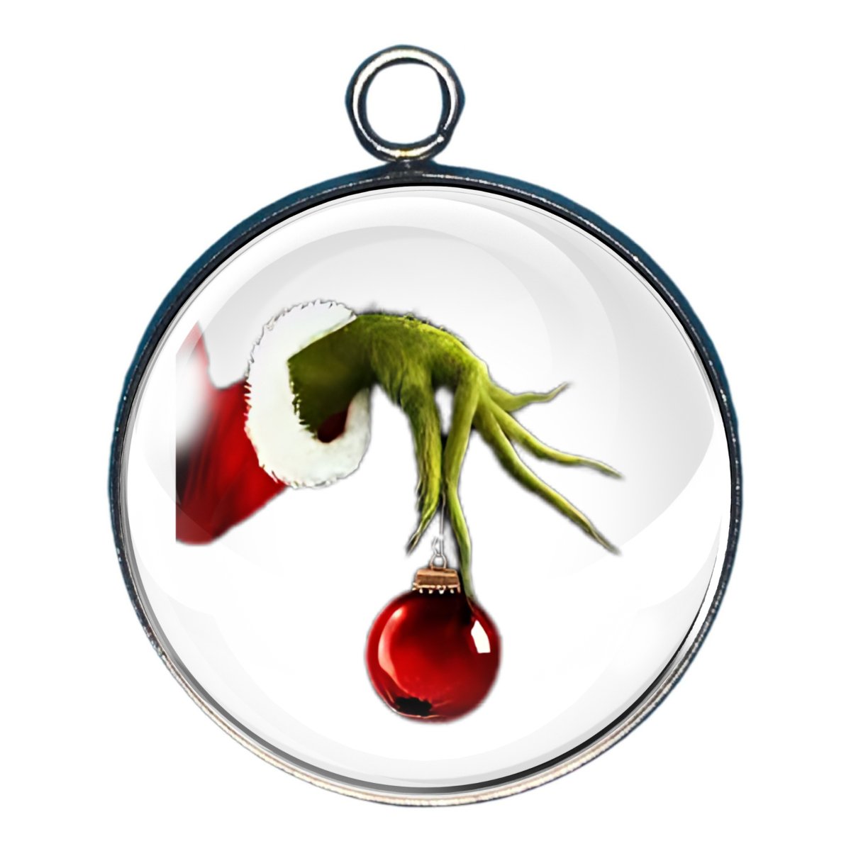 charm of a grinch hand holding a broken christmas ball ornament