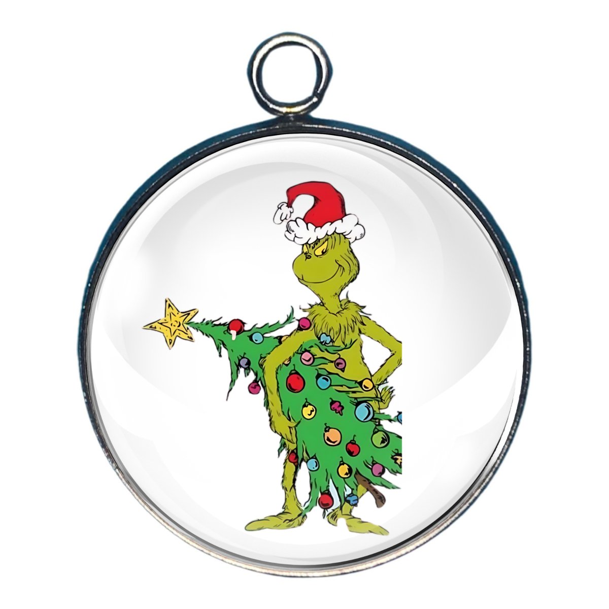 charm of a grinch wearing a santa hat and carrying as christmas tree