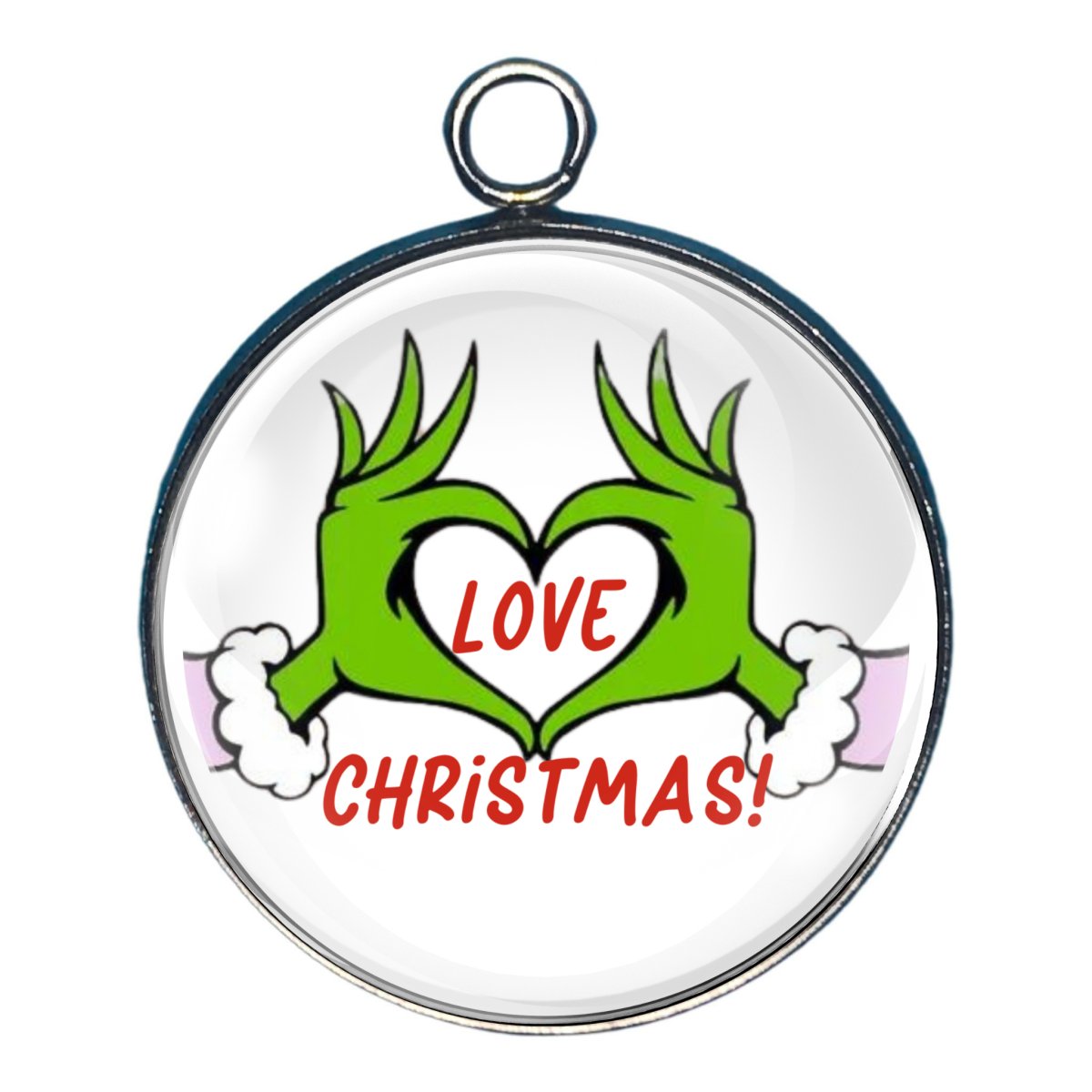 charm of a girl grinch making a heart with his hands with the words 'love christmas'