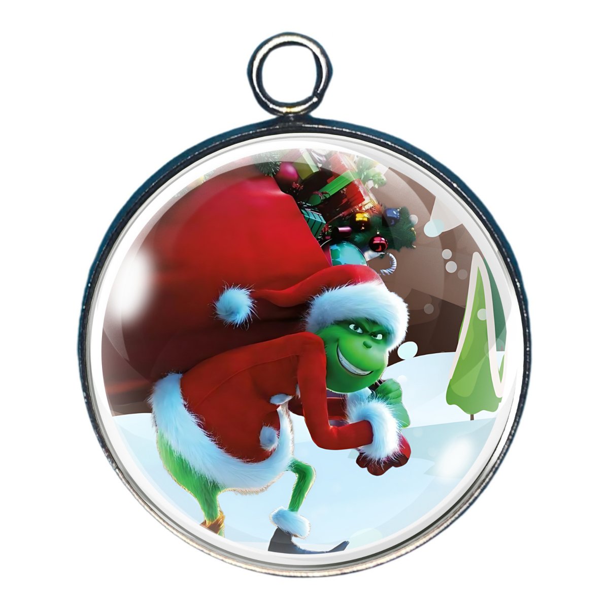 charm of the grinch dressed like santa with a bag full of toys on his back 