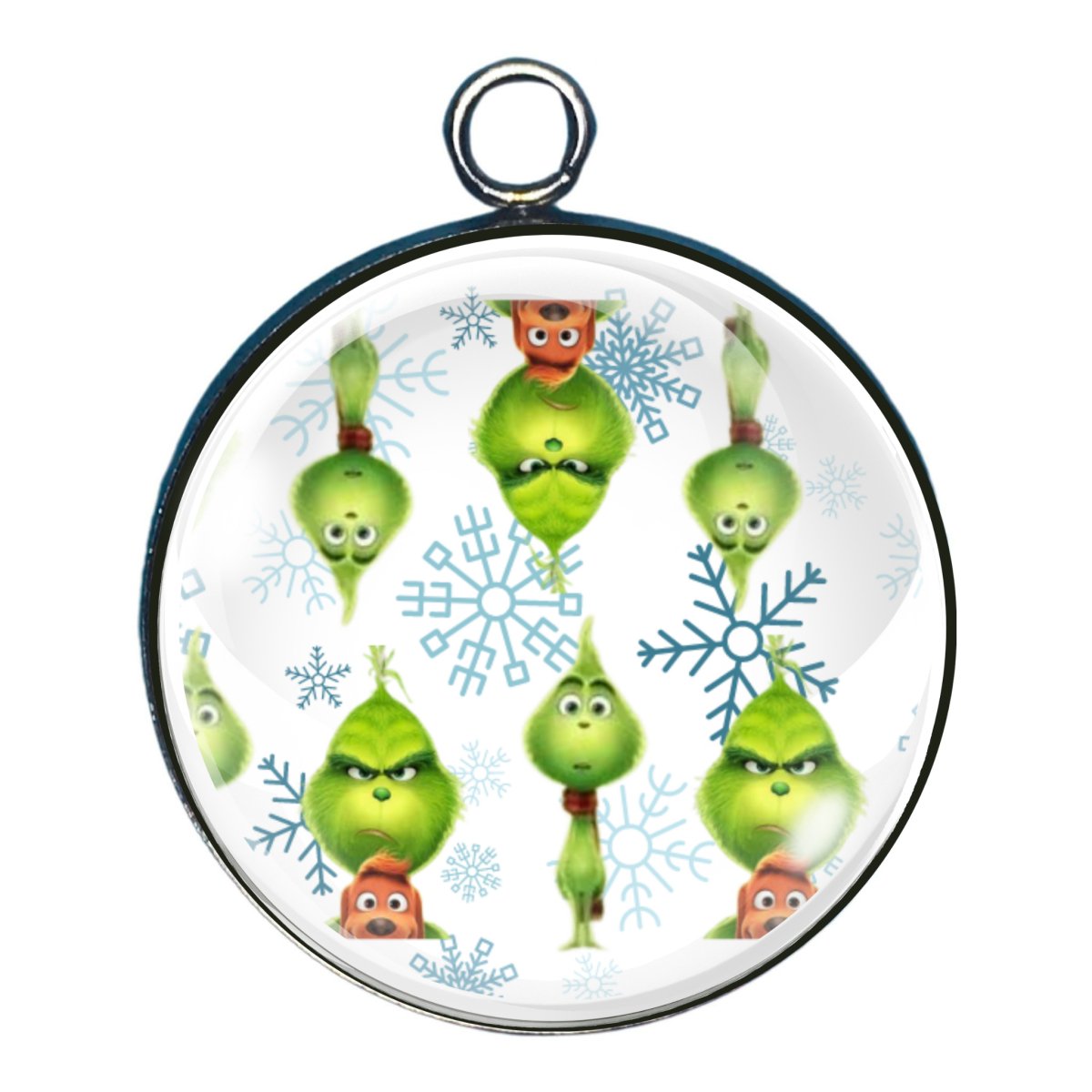 charm depicting the grinch and his dog, a young grinch with snowflakes in a repeating pattern