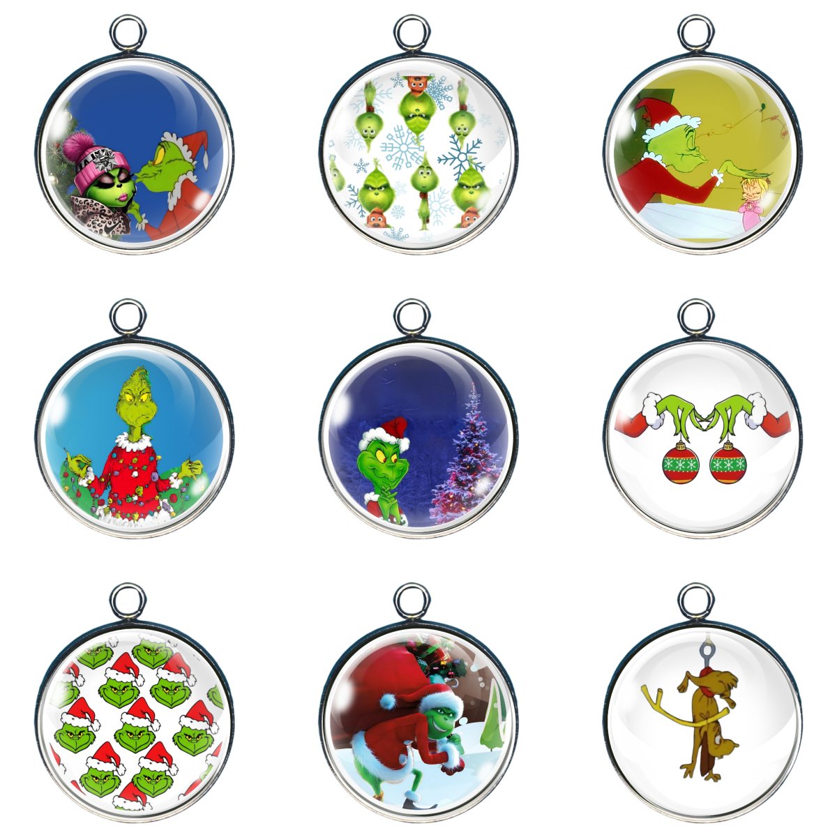 Group of 9 charmsdepicting the grinch and him celebrating christmas