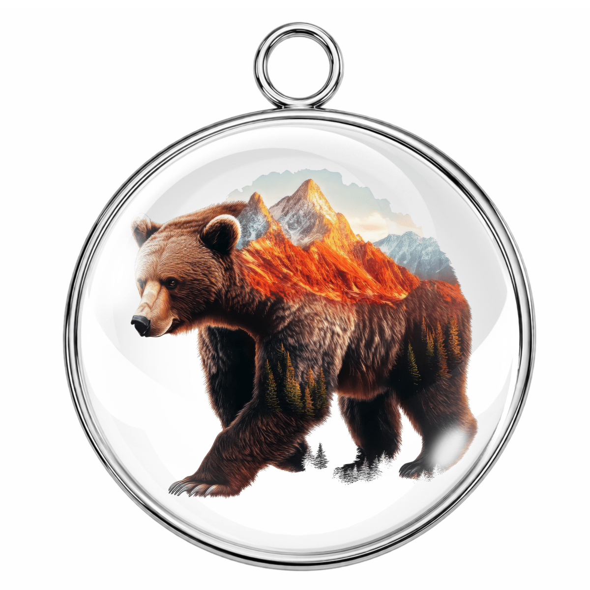 Round pendant with a bear and mountain design on a white background