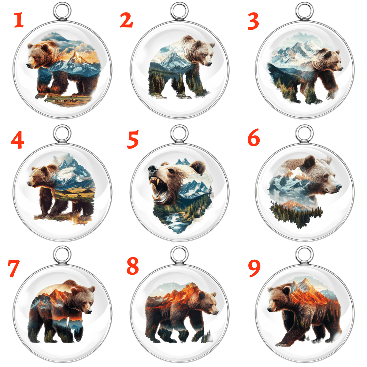 Nine circular bear pendants with mountain and nature-themed designs on a white background.