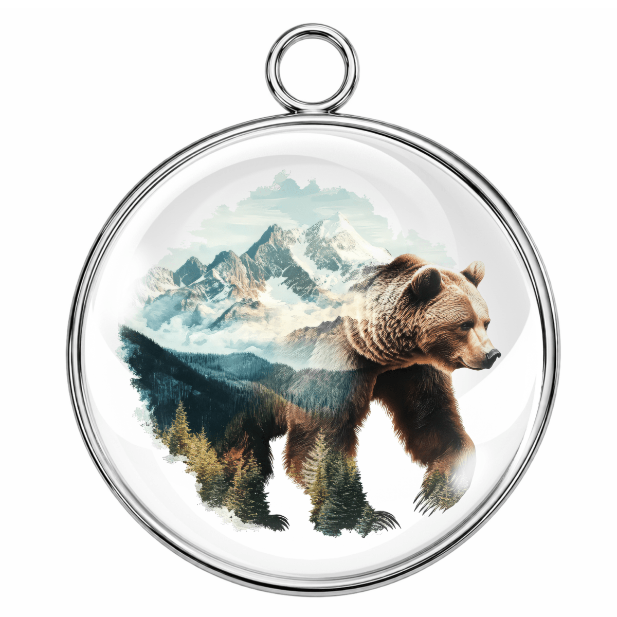 Round pendant with a bear and mountain design on a white background