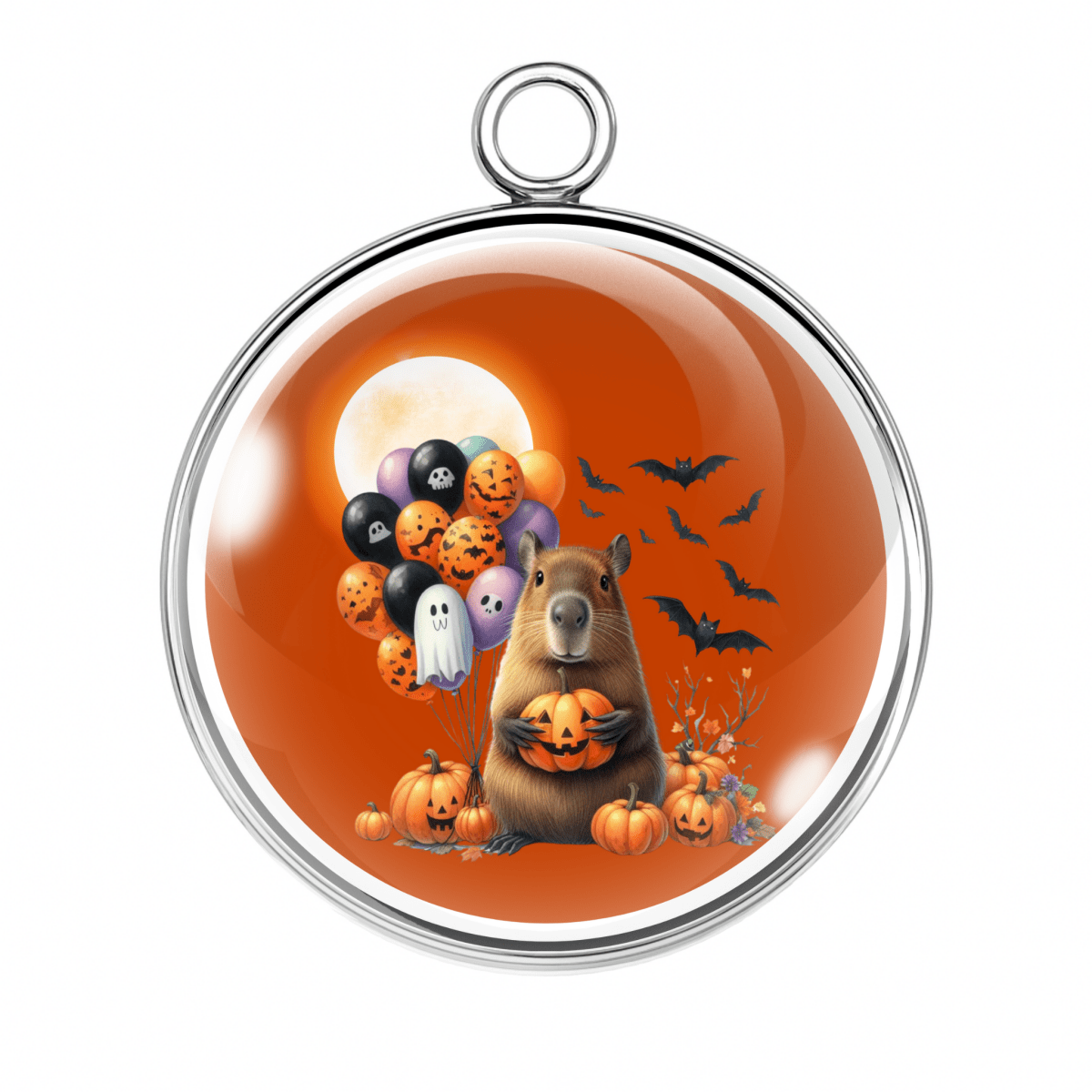 Charm of a Capybara with orange background holding pumpkin  and balloons surrounded by bats.