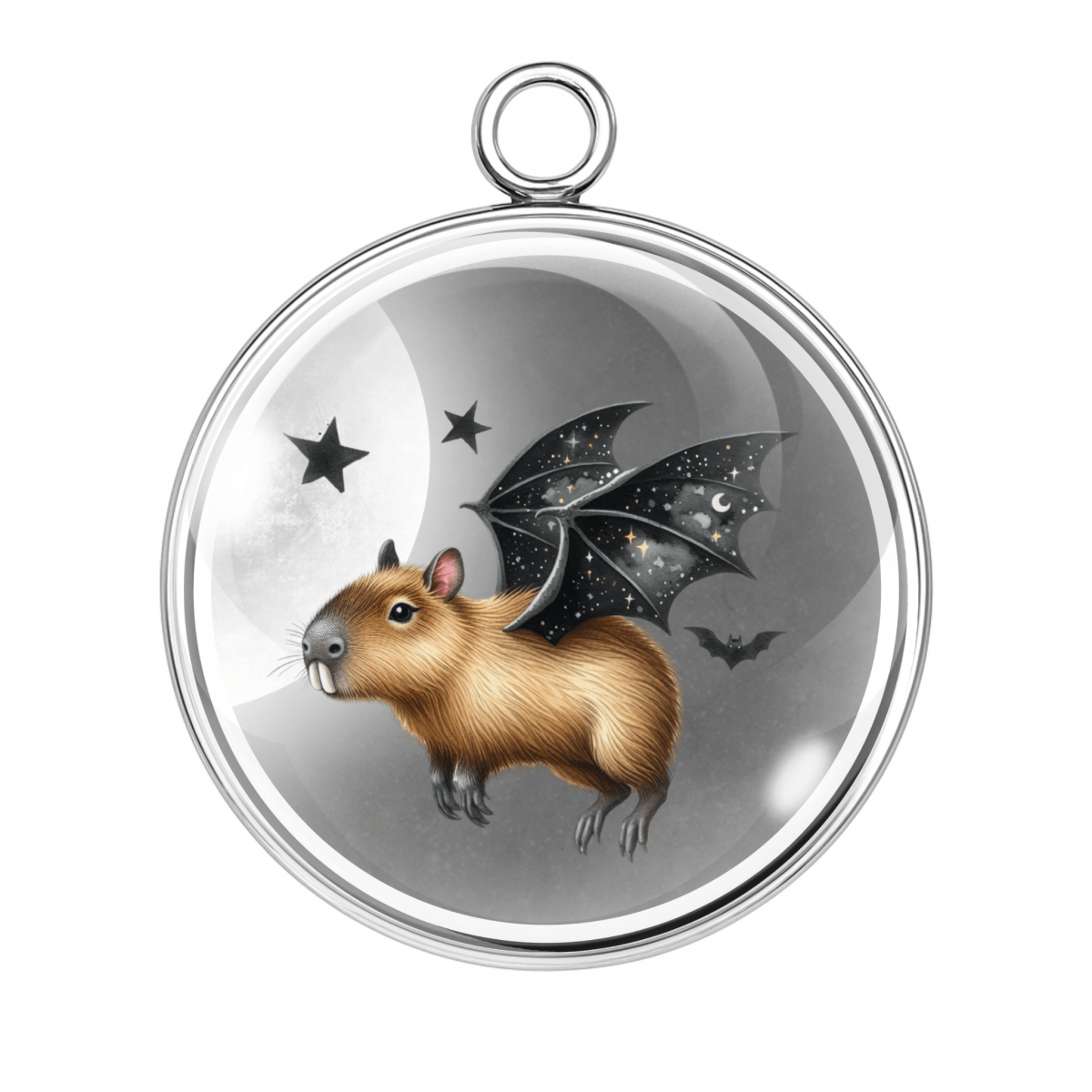 Charm of a Capybara with black bat wings flying across the moon with stars.