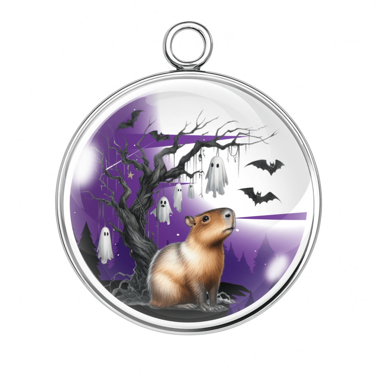 Charm of a Capybara under a spooky purple sky with bats, ghosts, and a twisted tree.