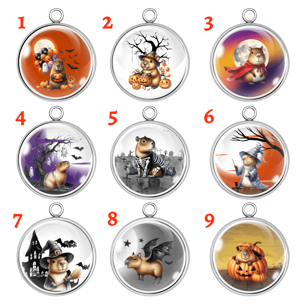 Set of 9 Halloween capybara charms with pumpkins, bats, ghosts, skeleton, vampire, witch, wizard, and jack-o-lantern.