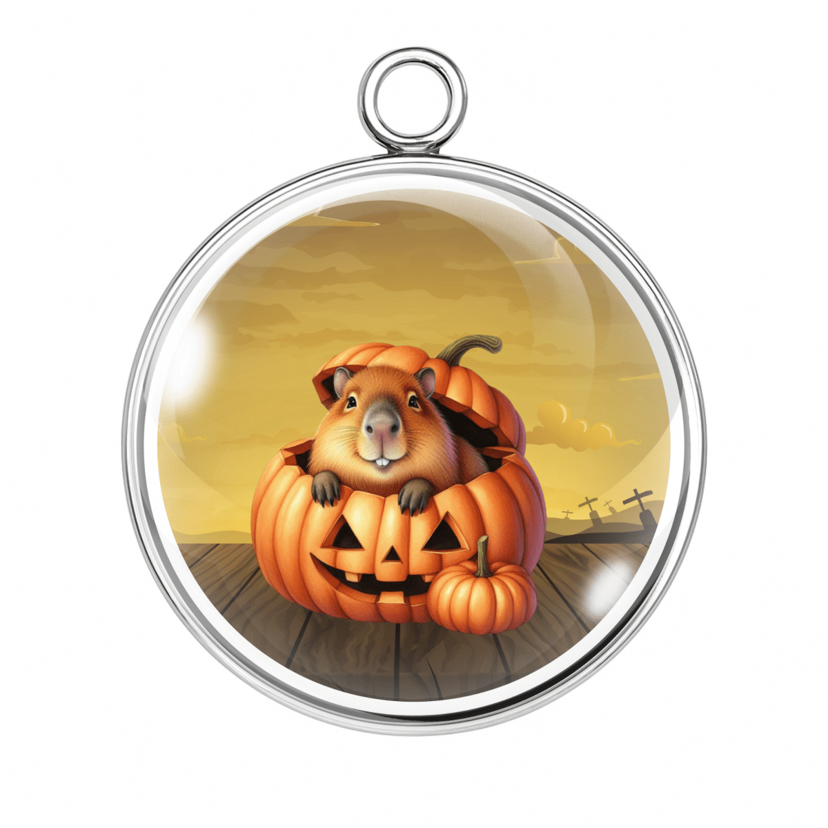 Charm of a Capybara sitting inside a carved jack-o-lantern with a yellow background.
