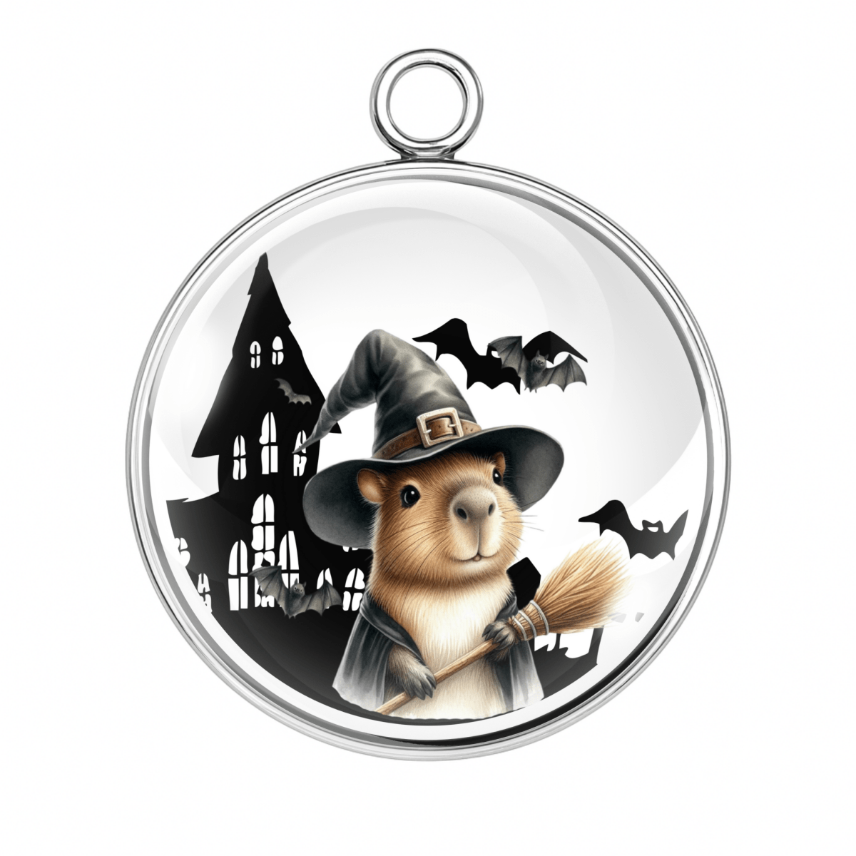 Charm of a Capybara in witch hat standing in front of a haunted house with bats flying.