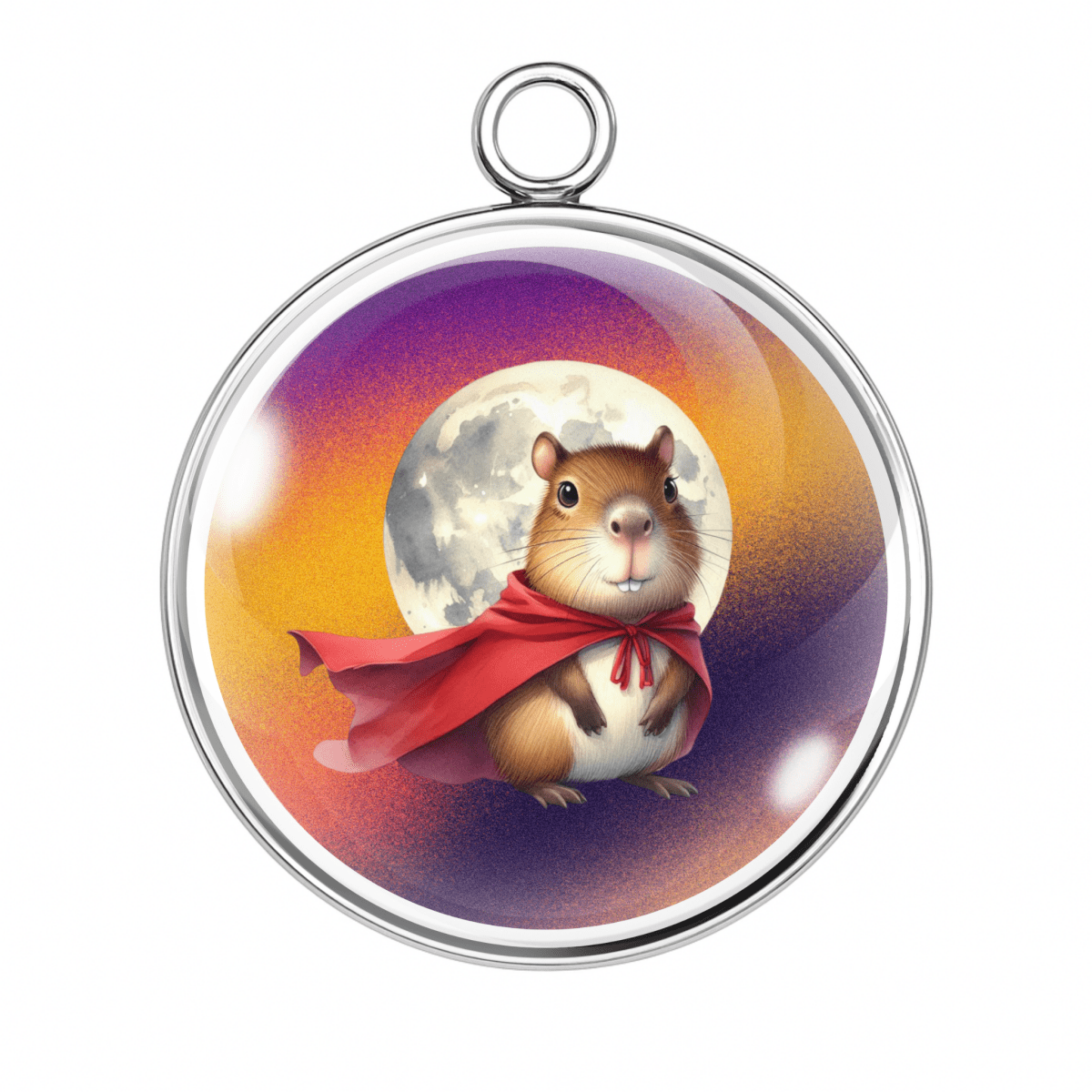Charm of a Capybara  dressed as a vampire with a red cape and full moon background.
