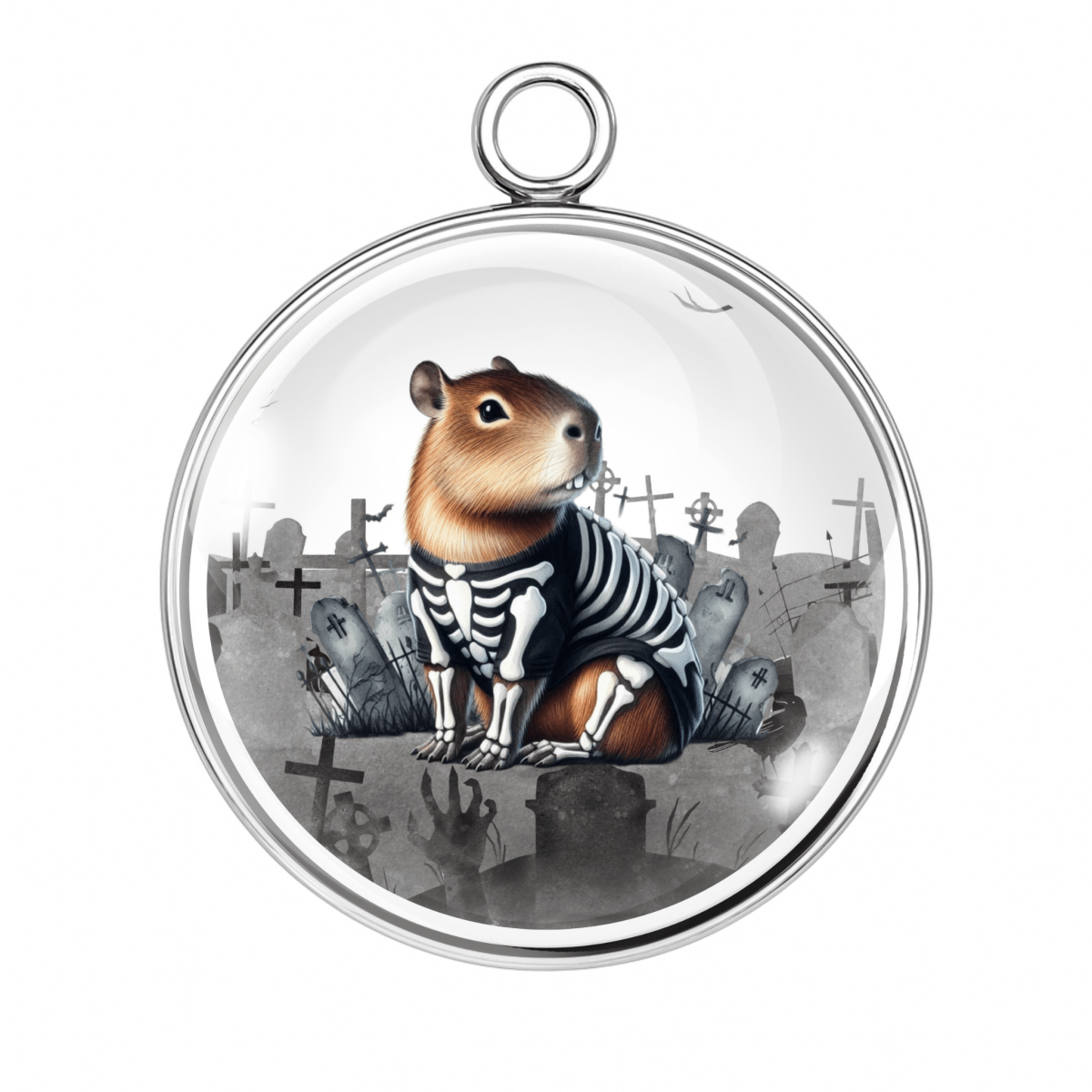 Charm of a Capybara in skeleton costume sitting in a graveyard.