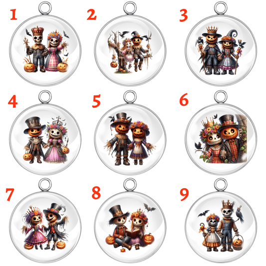 Set of 9 Halloween skeleton and pumpkin couple charms – spooky gothic glass cabochon pendants for jewelry and crafts