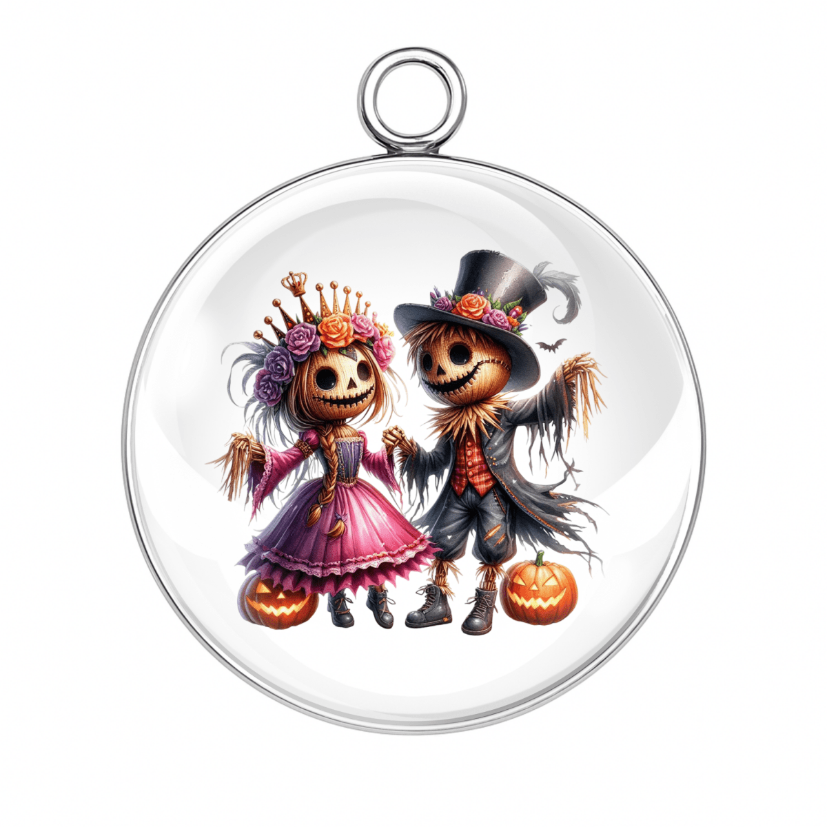 Style 6 – Skeleton & Pumpkin Couple with Crowns & Flowers
crowned skeleton pumpkin couple charm, floral halloween cabochon, gothic spooky wedding pendant