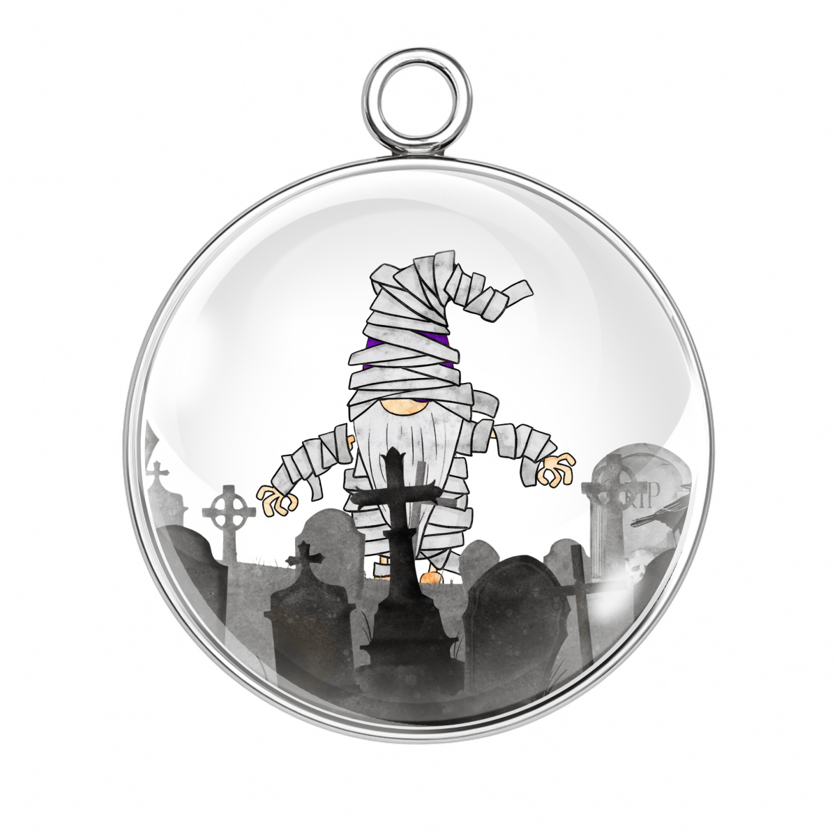 Decorative ornament with a mummy-themed design on a white background
