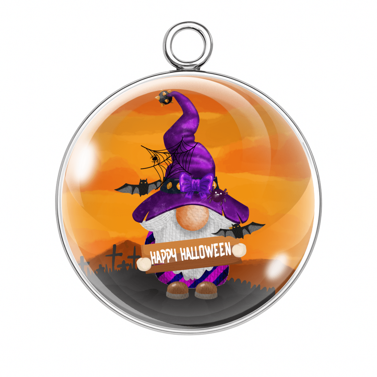 Halloween-themed ornament with a gnome wearing a purple witch hat and holding a 'Happy Halloween' sign, set against an orange sky with bats.