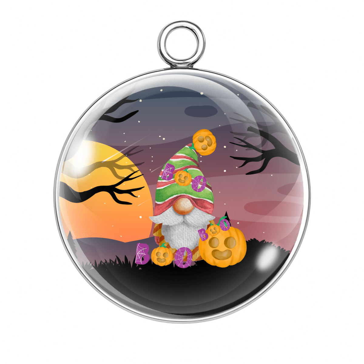 Halloween-themed pendant with a gnome, pumpkins, and moon on a reflective surface.