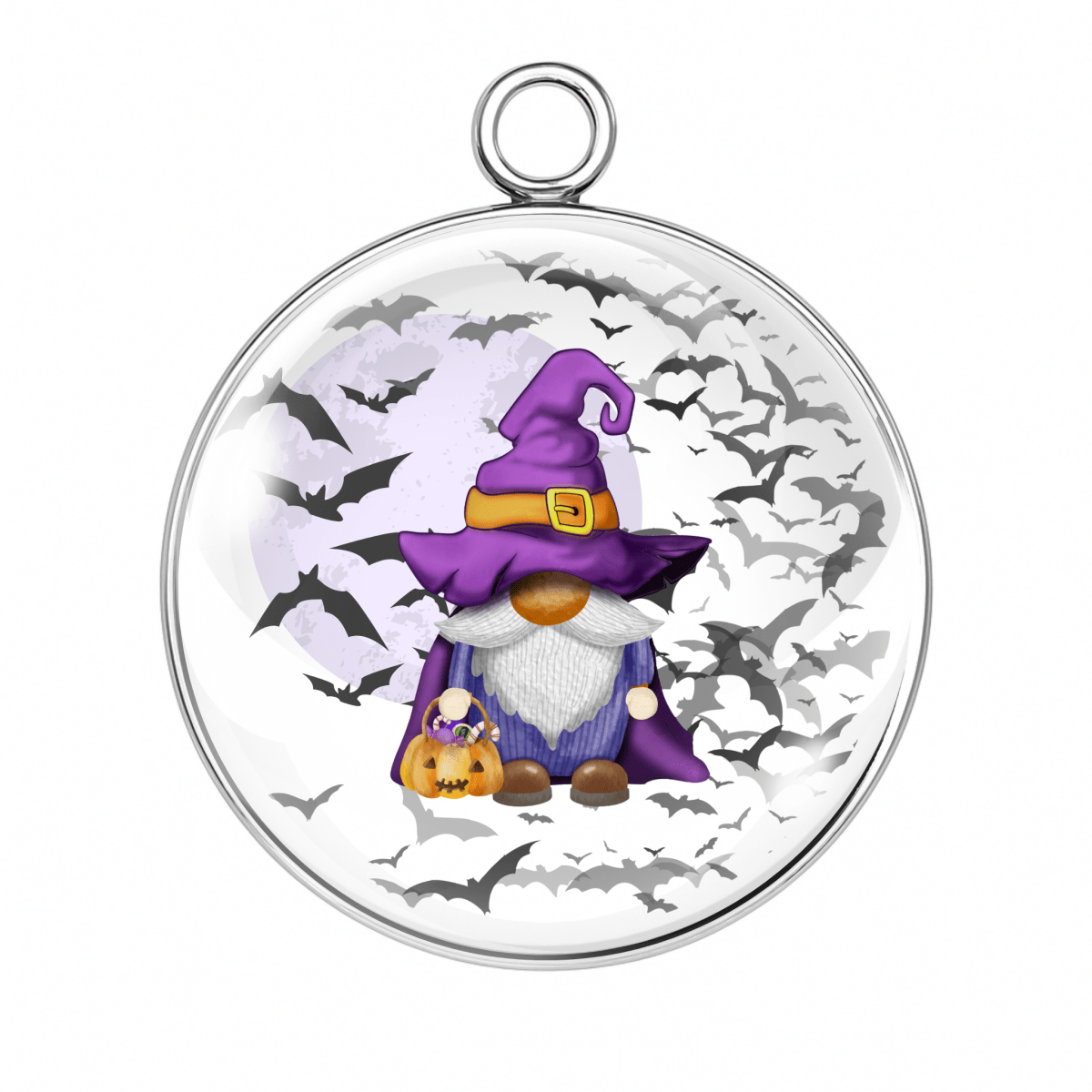 Halloween-themed pendant with a purple witch hat gnome and bats on a white background