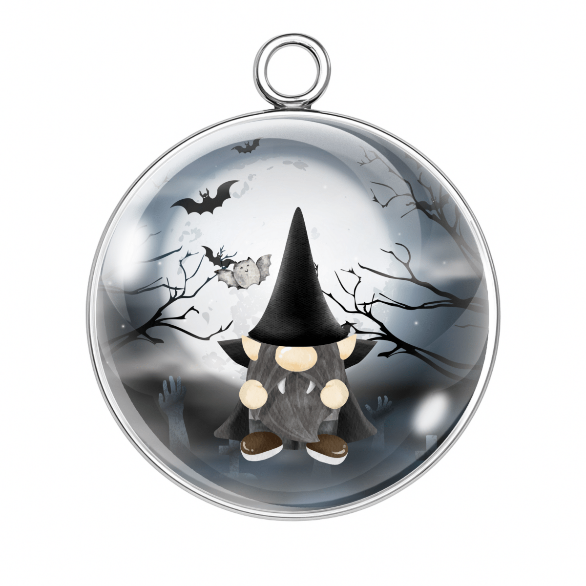 Halloween-themed ornament with a gnome wearing a black hat and bats in the background.