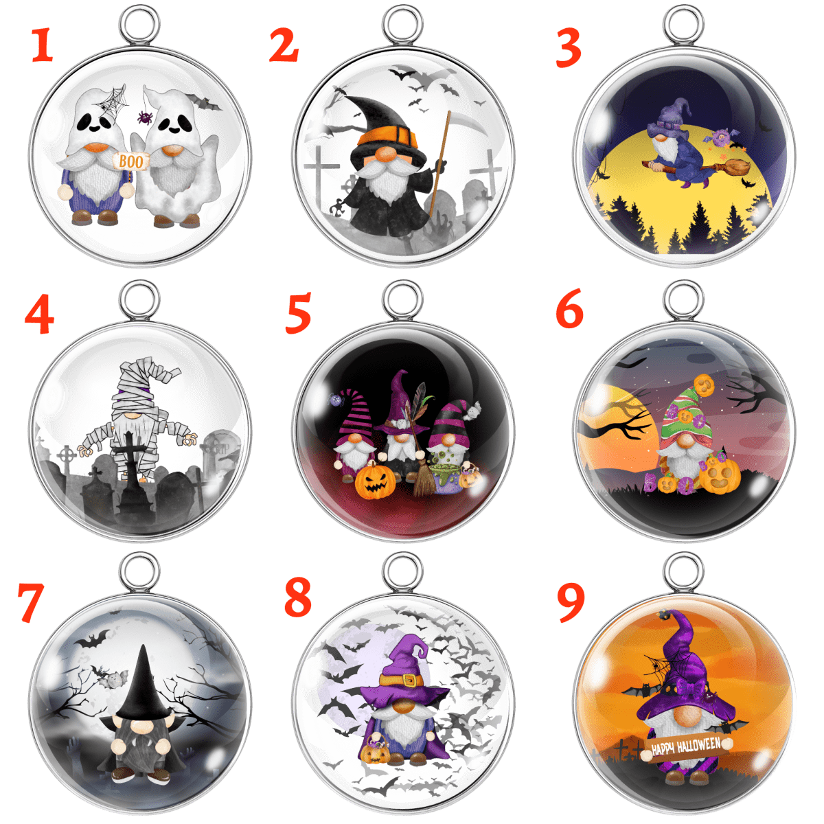 Nine Halloween-themed pendant designs with numbered labels on a white background.