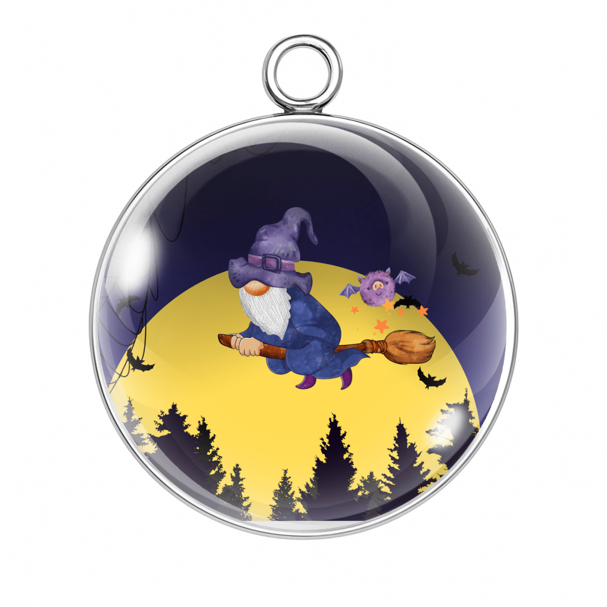 Pendant with a blue gnome on a broomstick against a night sky with moon and trees.