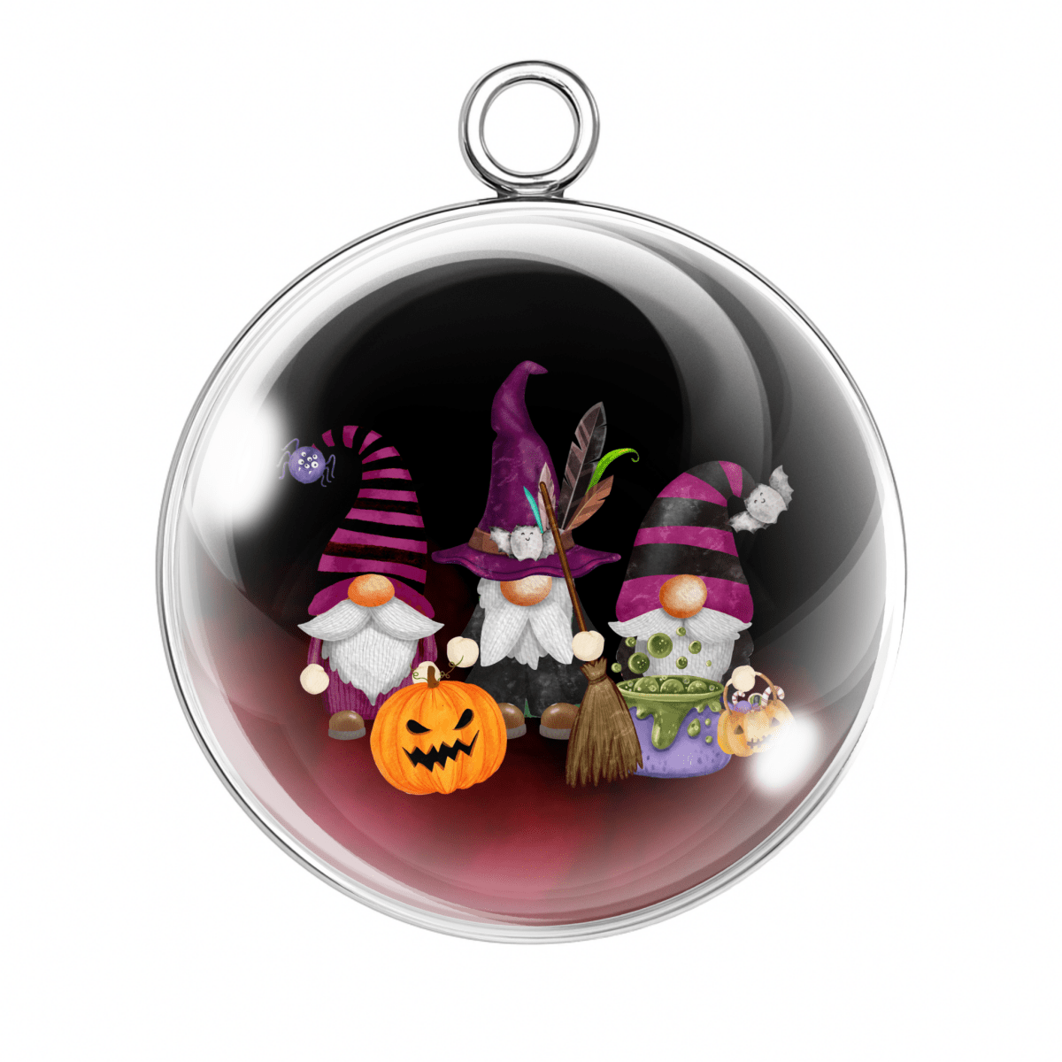Halloween-themed gnomes with a pumpkin inside a clear sphere on a white background